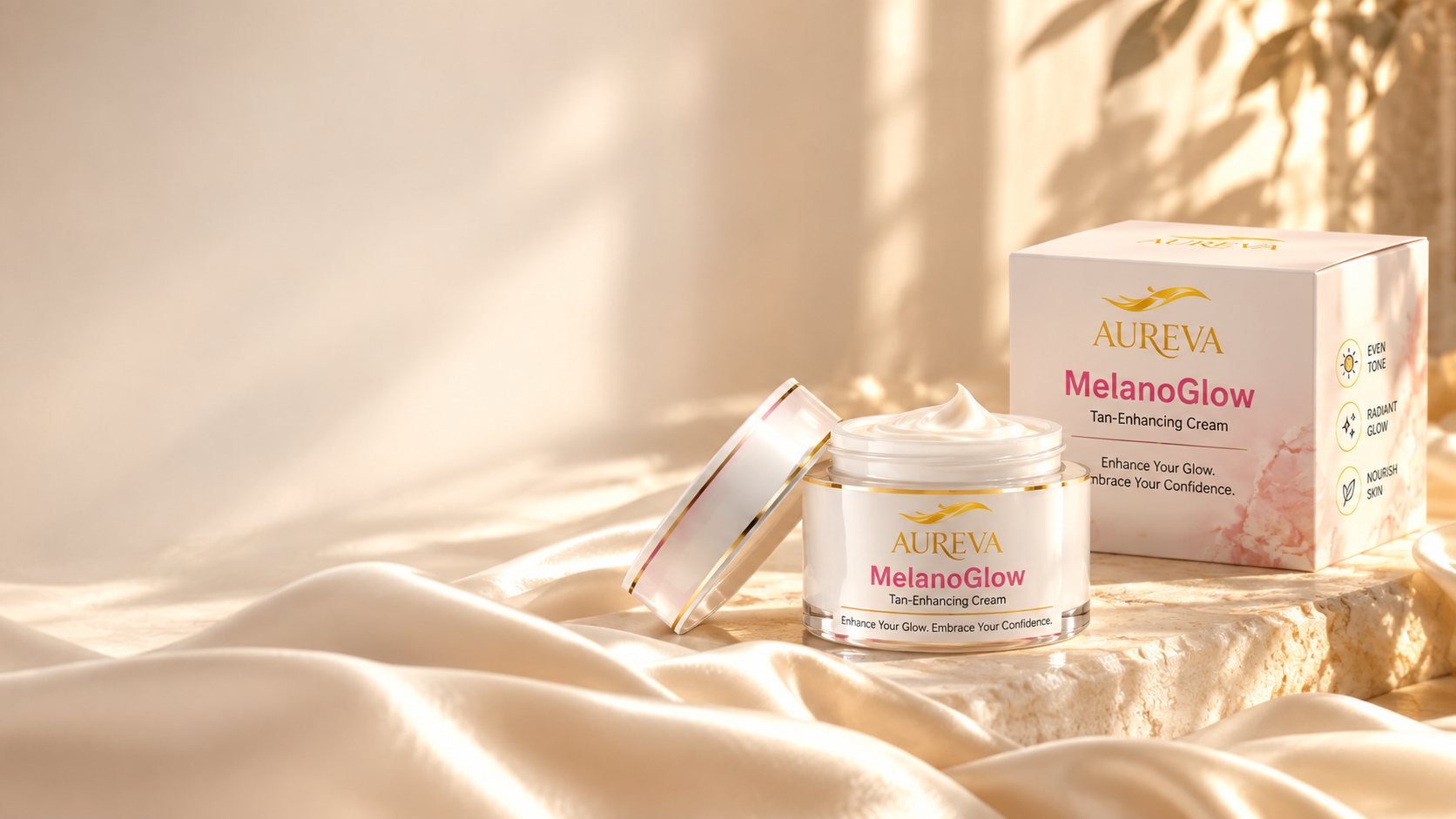 MelanoGlow jar and carton on silk in low afternoon light